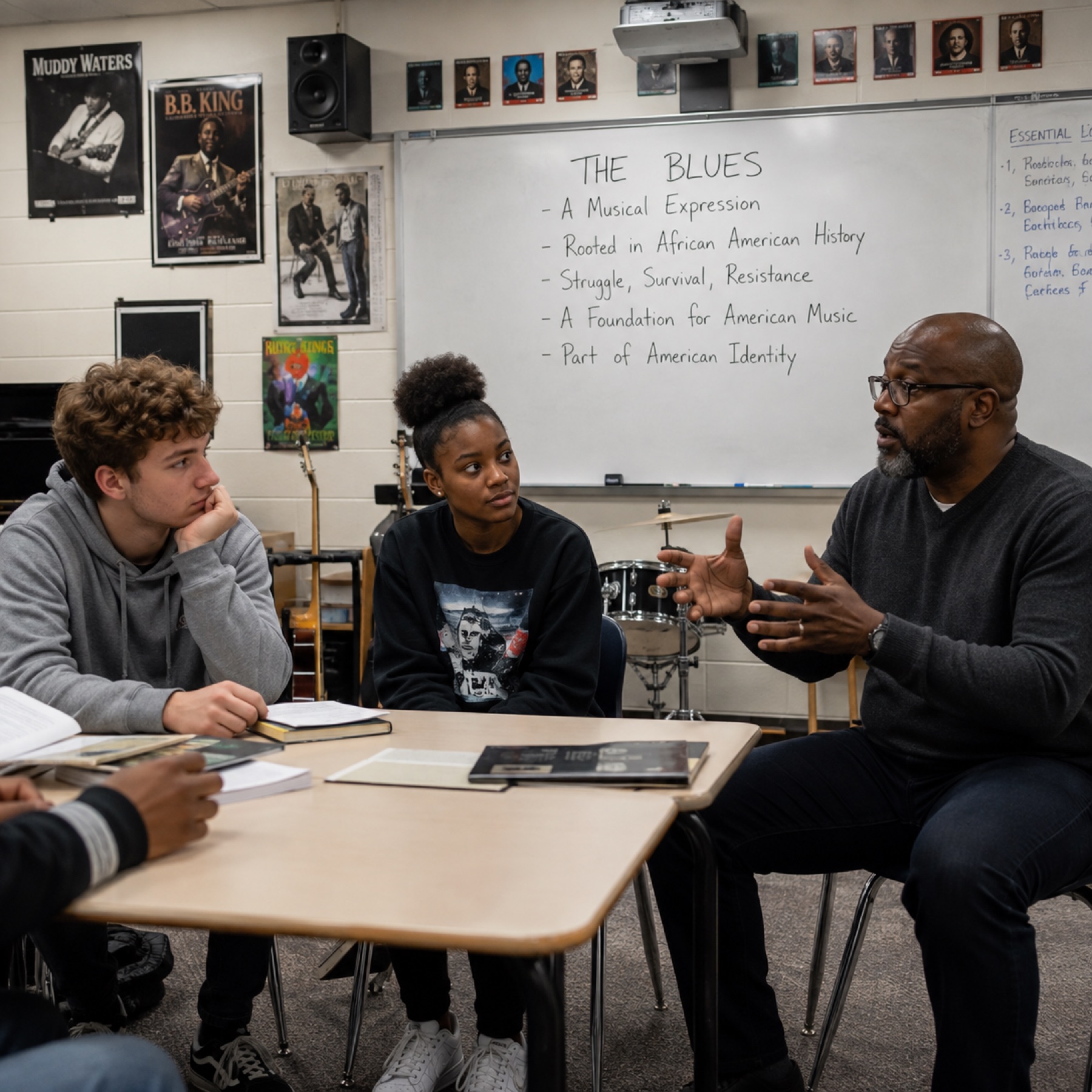 Students learning about Blues music, history and culture with an instructor