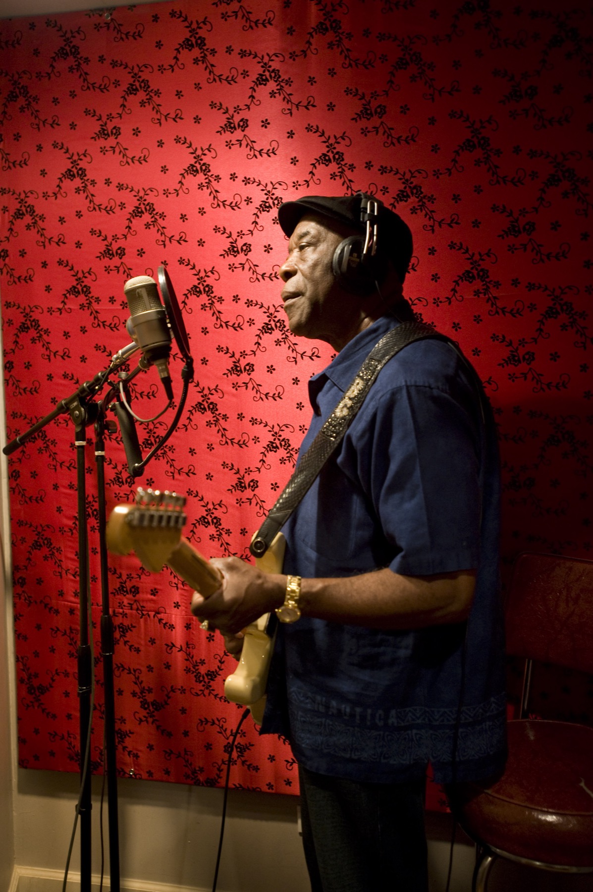 Buddy Guy recording guitar and vocals in the studio