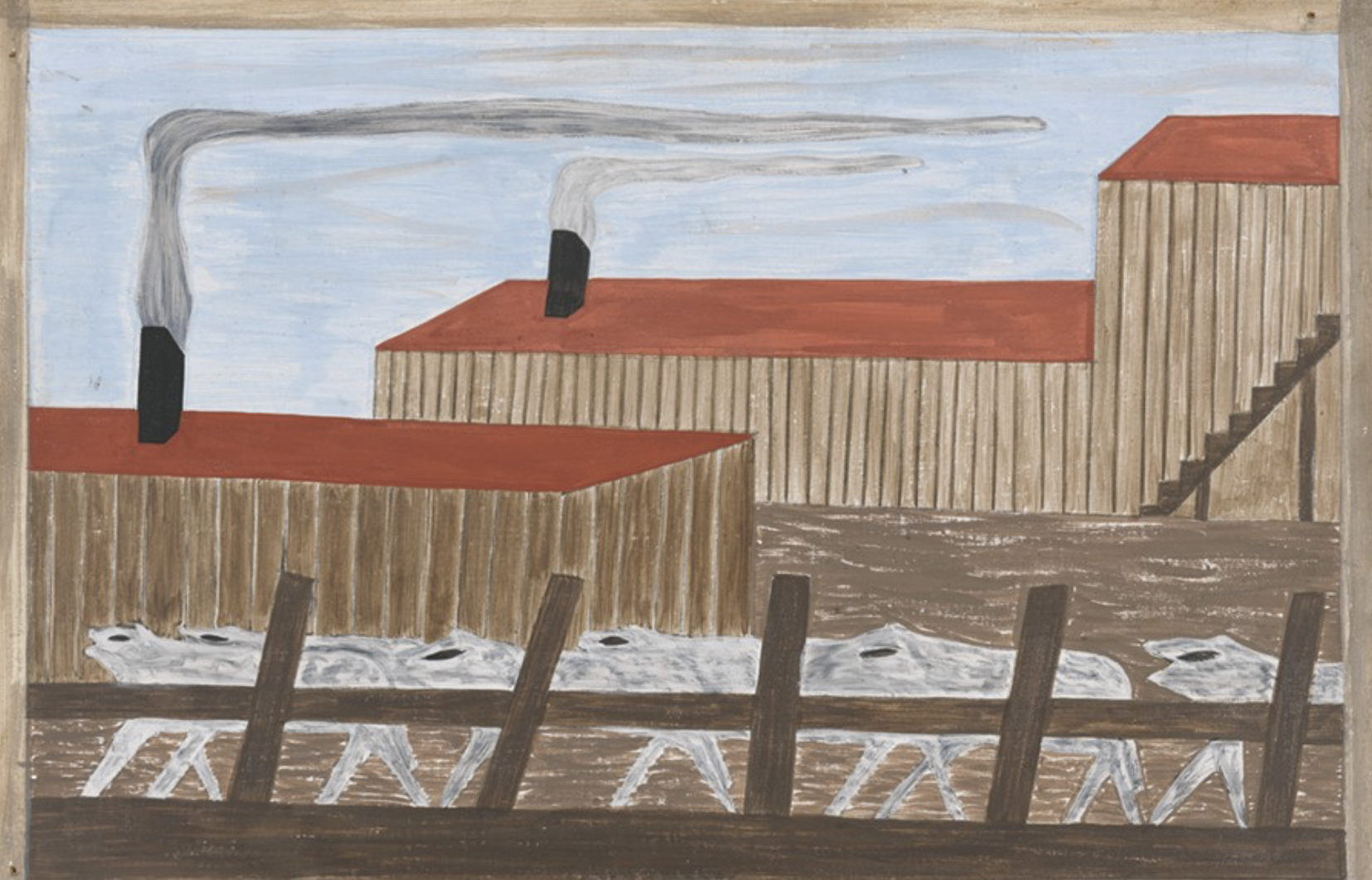 Jacob Lawrence painting of industrial buildings from The Migration Series