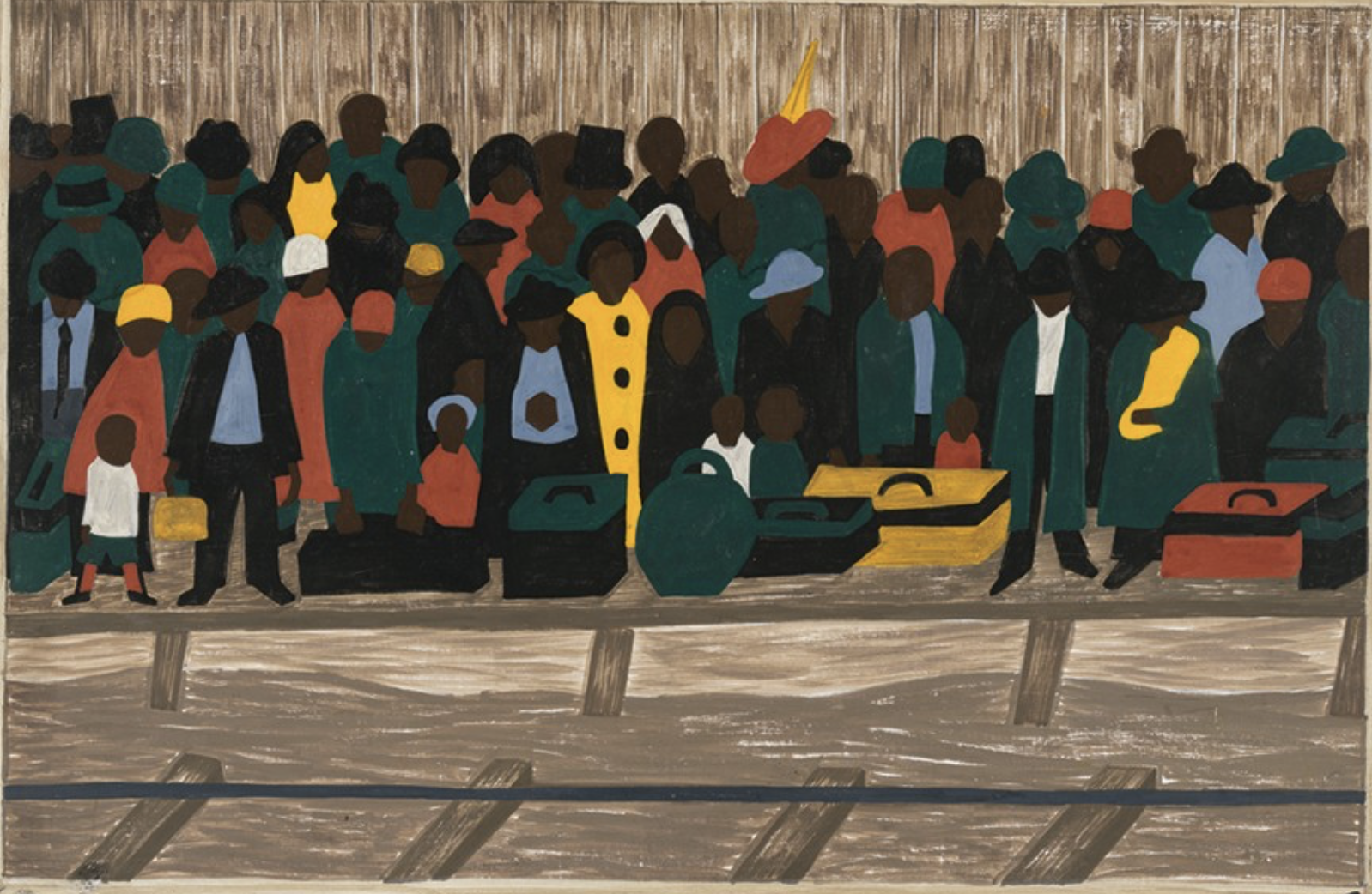 Jacob Lawrence painting of African American migrants traveling north by rail from The Migration Series