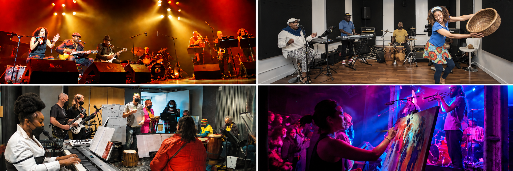 CCBA residency montage showing performance, multidisciplinary rehearsal, music creation and live visual art