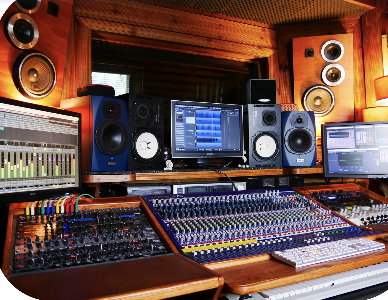 A professional recording studio control room